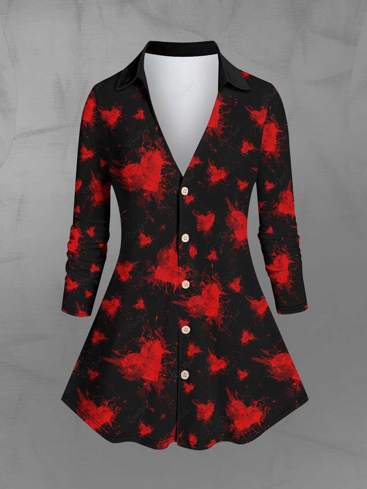 Gothic Turn-down Collar Full Buttons Heart Painting Splatter Watercolor Print Long Sleeves Valentines Shirt