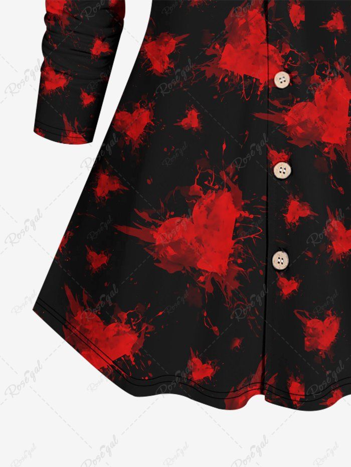 Gothic Turn-down Collar Full Buttons Heart Painting Splatter Watercolor Print Long Sleeves Valentines Shirt