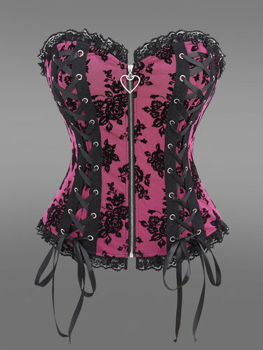 Gothic Plus Size Floral Mesh Flocking Lace Up Heart Zipper Lace-trim Patchwork Halloween Corset