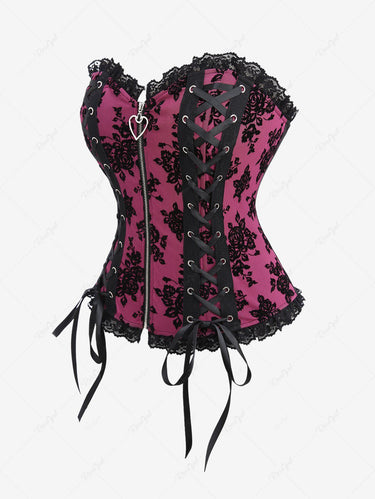 Gothic Plus Size Floral Mesh Flocking Lace Up Heart Zipper Lace-trim Patchwork Halloween Corset