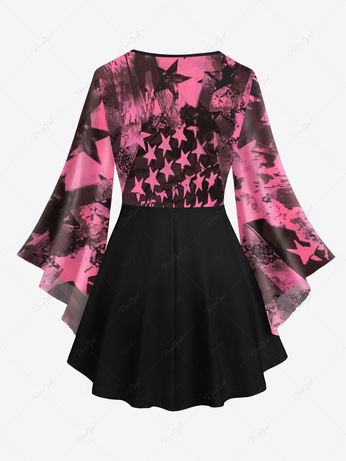 Gothic Valentine's Day Flare Sleeves Ink Painting Stars Print Patchwork Lattice Blouse