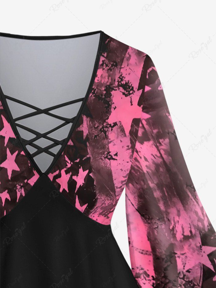 Gothic Valentine's Day Flare Sleeves Ink Painting Stars Print Patchwork Lattice Blouse