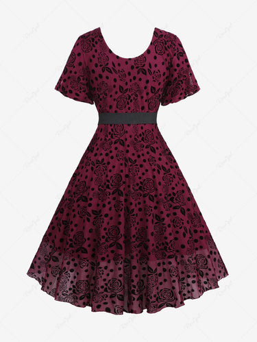 Gothic Plus Size Puff Sleeves Polka Dot Floral Mesh Flocking Lace Up Ruffles Ruched A Line Dress with PU Buckle Belt(3 Days Delivery)