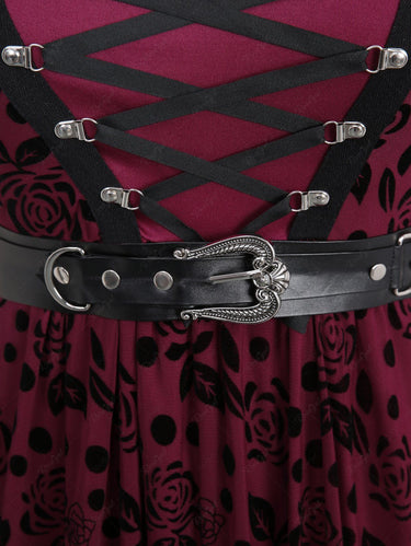 Gothic Plus Size Puff Sleeves Polka Dot Floral Mesh Flocking Lace Up Ruffles Ruched A Line Dress with PU Buckle Belt(3 Days Delivery)