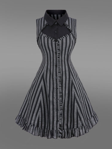 Gothic Plus Size Turn-down Collar Striped Print Flounce Trim Full Buttons Cutout Patchwork Panel Sleeveless 1950s Vintage Dress