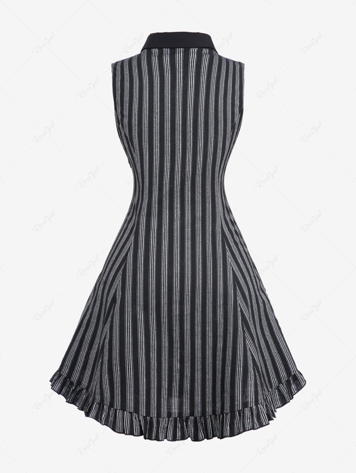 Gothic Turn-down Collar Striped Print Flounce Trim Full Buttons Cutout Patchwork Panel Sleeveless 1950s Vintage Dress