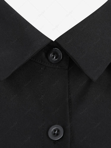 Gothic Plus Size Turn-down Collar Striped Print Flounce Trim Full Buttons Cutout Patchwork Panel Sleeveless 1950s Vintage Dress