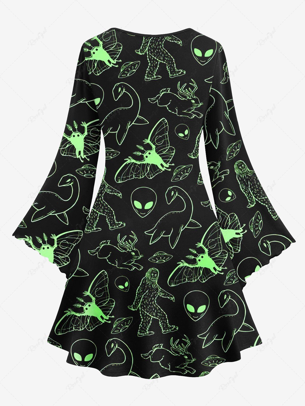 💗Lauren Loves💗 Gothic Alien UFO Rabbit Butterfly Monster Dinosaur Print Flare Sleeve A Line Dress