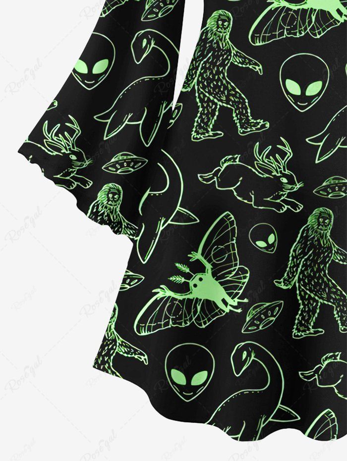 💗Lauren Loves💗 Gothic Alien UFO Rabbit Butterfly Monster Dinosaur Print Flare Sleeve A Line Dress