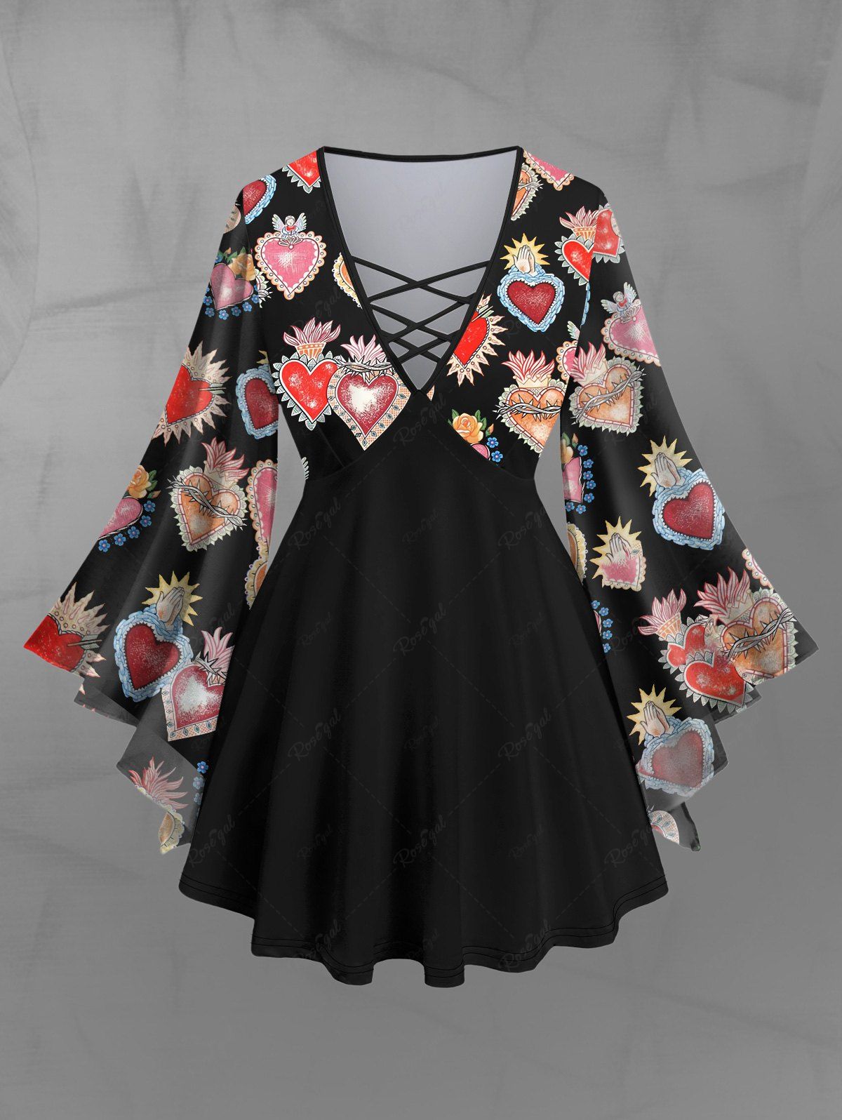 Gothic Valentine's Day Flare Sleeves Heart Clap Hand Floral Printed Lattice Patchwork Blouse
