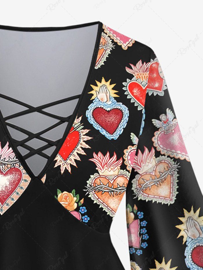 Gothic Valentine's Day Flare Sleeves Heart Clap Hand Floral Printed Lattice Patchwork Blouse