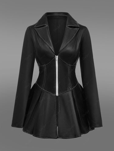 Gothic Turn-down Collar PU Panel Half Zipper Topstitching Peplum Corset Long Sleeves Solid Coat