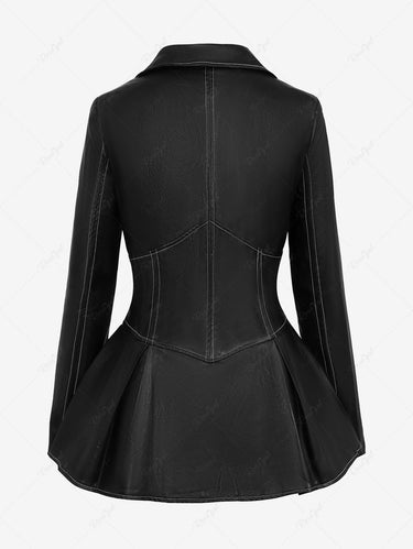Gothic Turn-down Collar PU Panel Half Zipper Topstitching Peplum Corset Long Sleeves Solid Coat