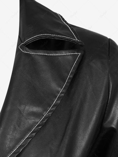 Gothic Turn-down Collar PU Panel Half Zipper Topstitching Peplum Corset Long Sleeves Solid Coat