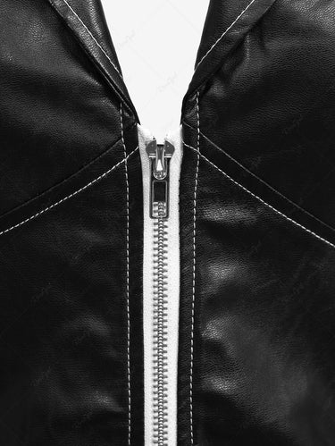 Gothic Turn-down Collar PU Panel Half Zipper Topstitching Peplum Corset Long Sleeves Solid Coat