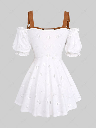 Gothic Plus Size Medieval Renaissance Ruffles Hollow Out Ruched Jacquard Grommets Lace Up Cold Shoulder 2 In 1 Blouse