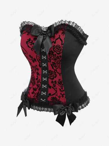 Gothic Plus Size Floral Mesh Flocking Ruffles Lace Trim Bowknot Hook and Eye Lace-up Back Patchwork Halloween Corset