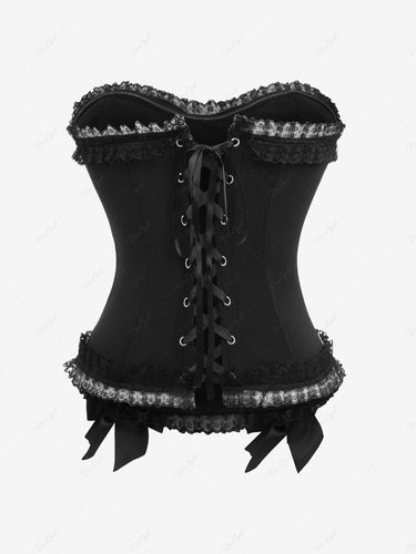 Gothic Plus Size Floral Mesh Flocking Ruffles Lace Trim Bowknot Hook and Eye Lace-up Back Patchwork Halloween Corset