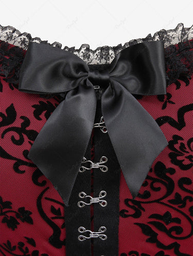 Gothic Plus Size Floral Mesh Flocking Ruffles Lace Trim Bowknot Hook and Eye Lace-up Back Patchwork Halloween Corset
