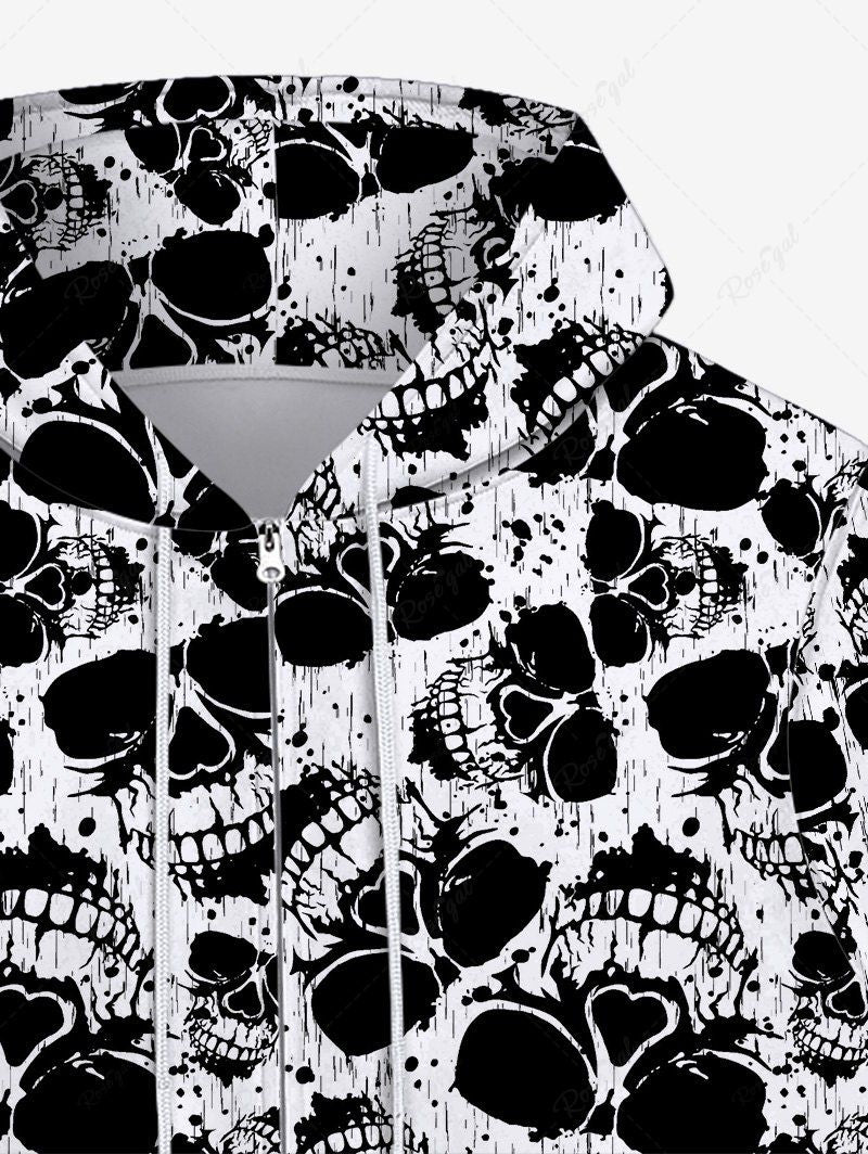 Gothic Distressed Skulls Print Zipper Pocket Drawstring Hoodie For Men