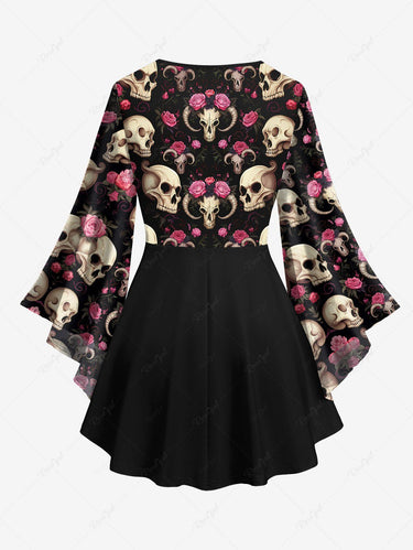 Gothic Plus Size Valentine's Day Flare Sleeves Skulls Rose Flower Horn Print Patchwork Lattice Blouse