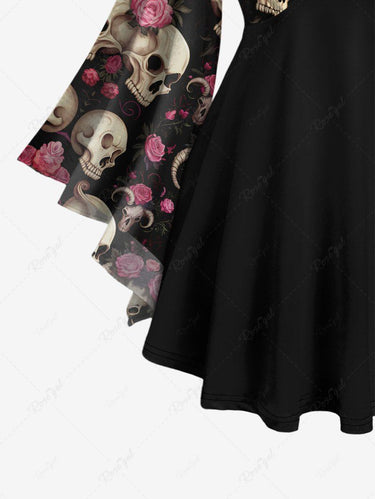 Gothic Plus Size Valentine's Day Flare Sleeves Skulls Rose Flower Horn Print Patchwork Lattice Blouse