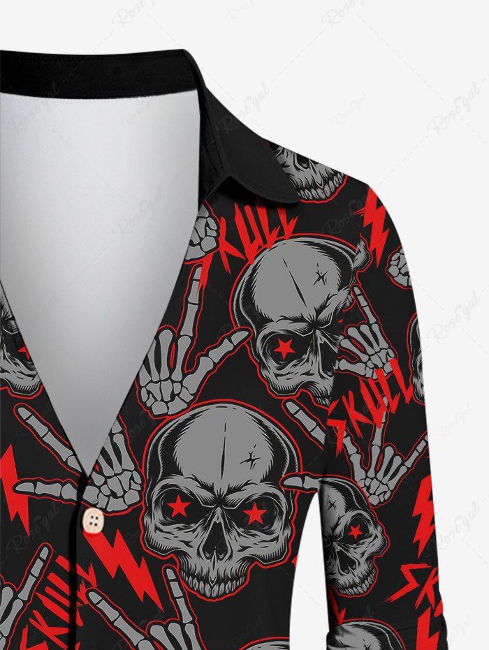 Gothic Turn-down Collar Skulls Skeleton Hand Lightning Letters Print Buttons Shirt