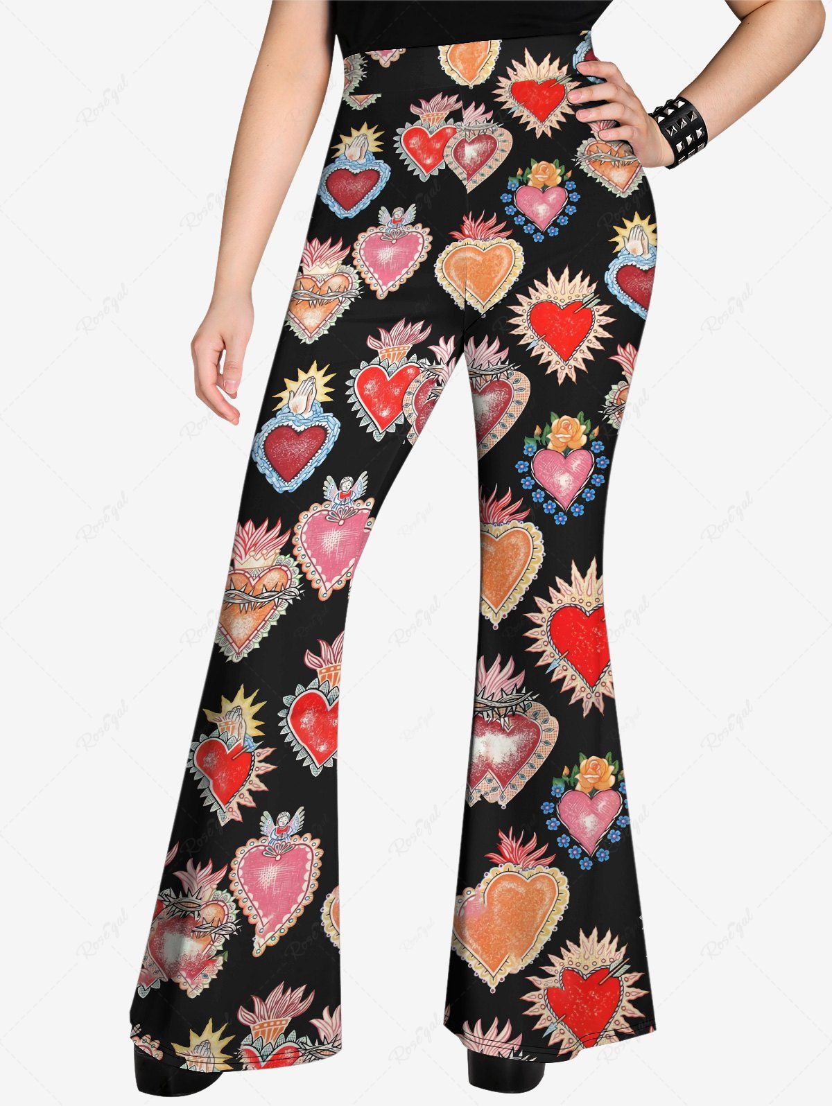 Gothic Valentine's Day Colorful Heart Rose Flower Print Pull On Flare Pants