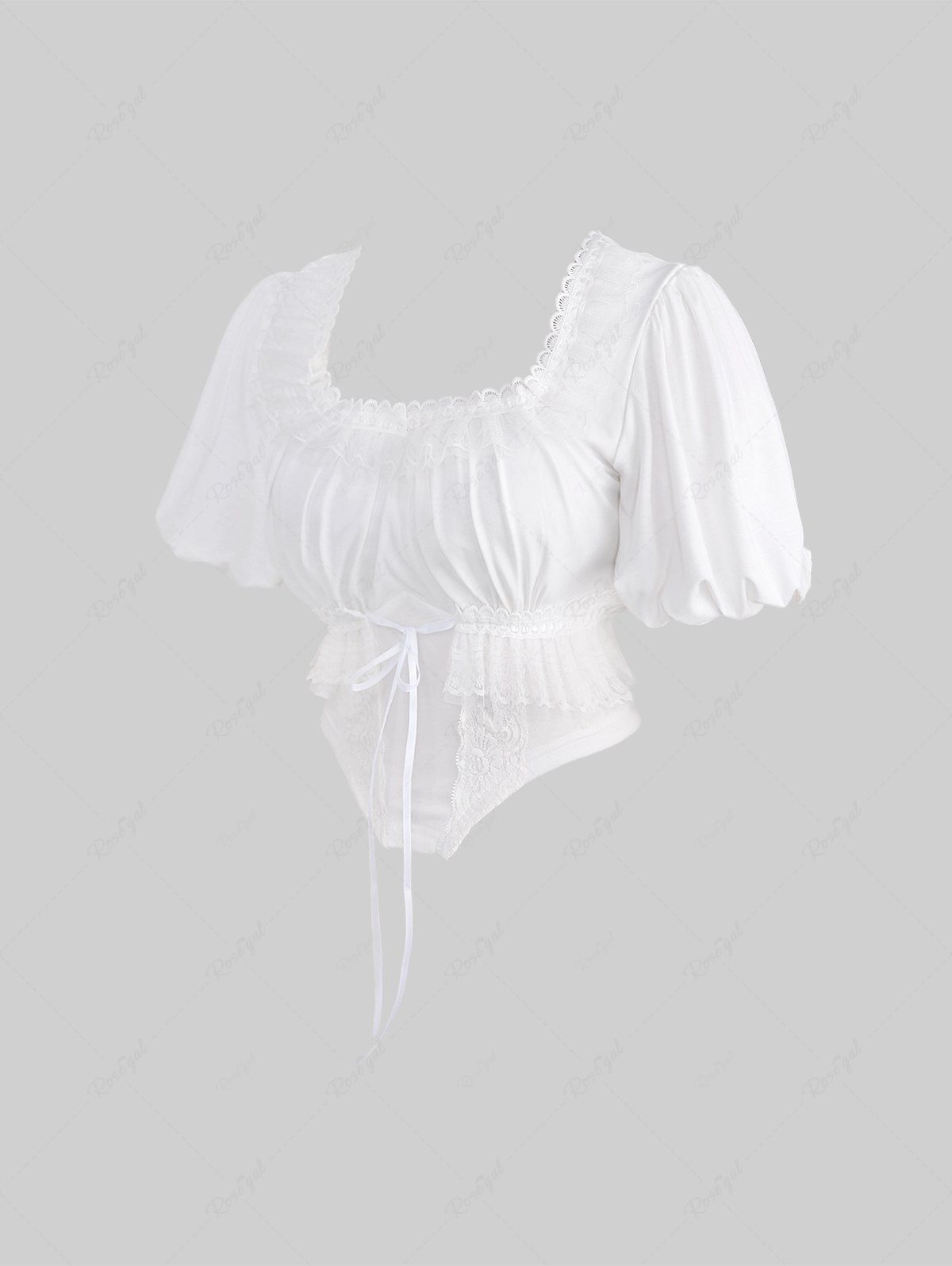 Gothic Puff Sleeves Floral Lace Panel Tied Ruffles Ruched Solid Asymmetric Cropped Top