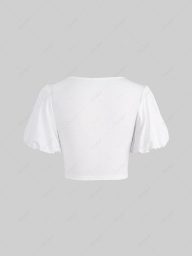 Gothic Plus Size Puff Sleeves Floral Lace Panel Tied Ruffles Ruched Solid Asymmetric Cropped Top(3 Days Delivery)