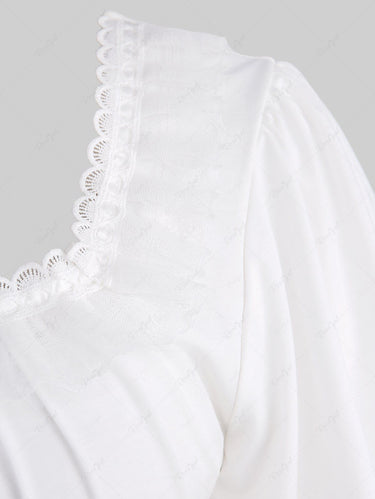 Gothic Plus Size Puff Sleeves Floral Lace Panel Tied Ruffles Ruched Solid Asymmetric Cropped Top(3 Days Delivery)