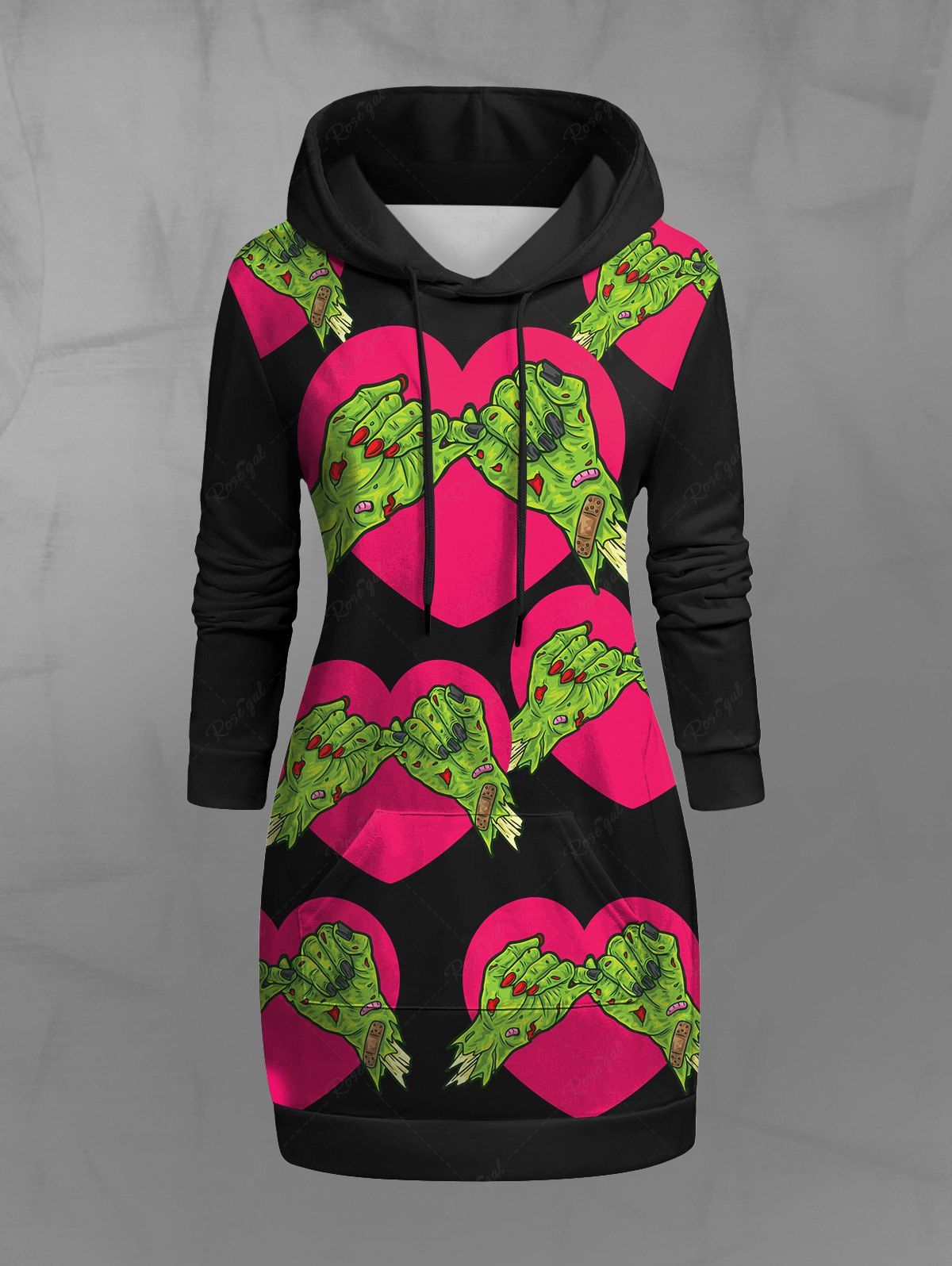 Gothic Heart Pinky Swear Print Pocket Drawstring Pullover Long Sleeves Valentines Hoodie