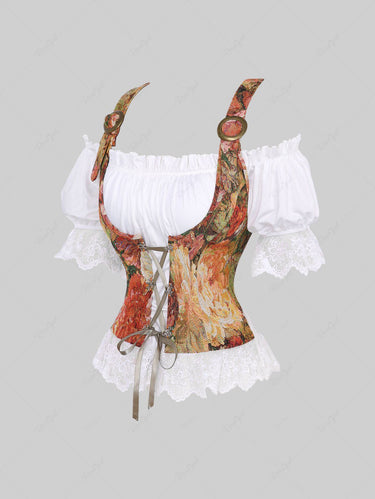 Gothic Plus Size Medieval Renaissance Puff Sleeve Lace Up Buckle Off The Shoulder 2 in 1 Corset Blouse(3 Days Delivery)