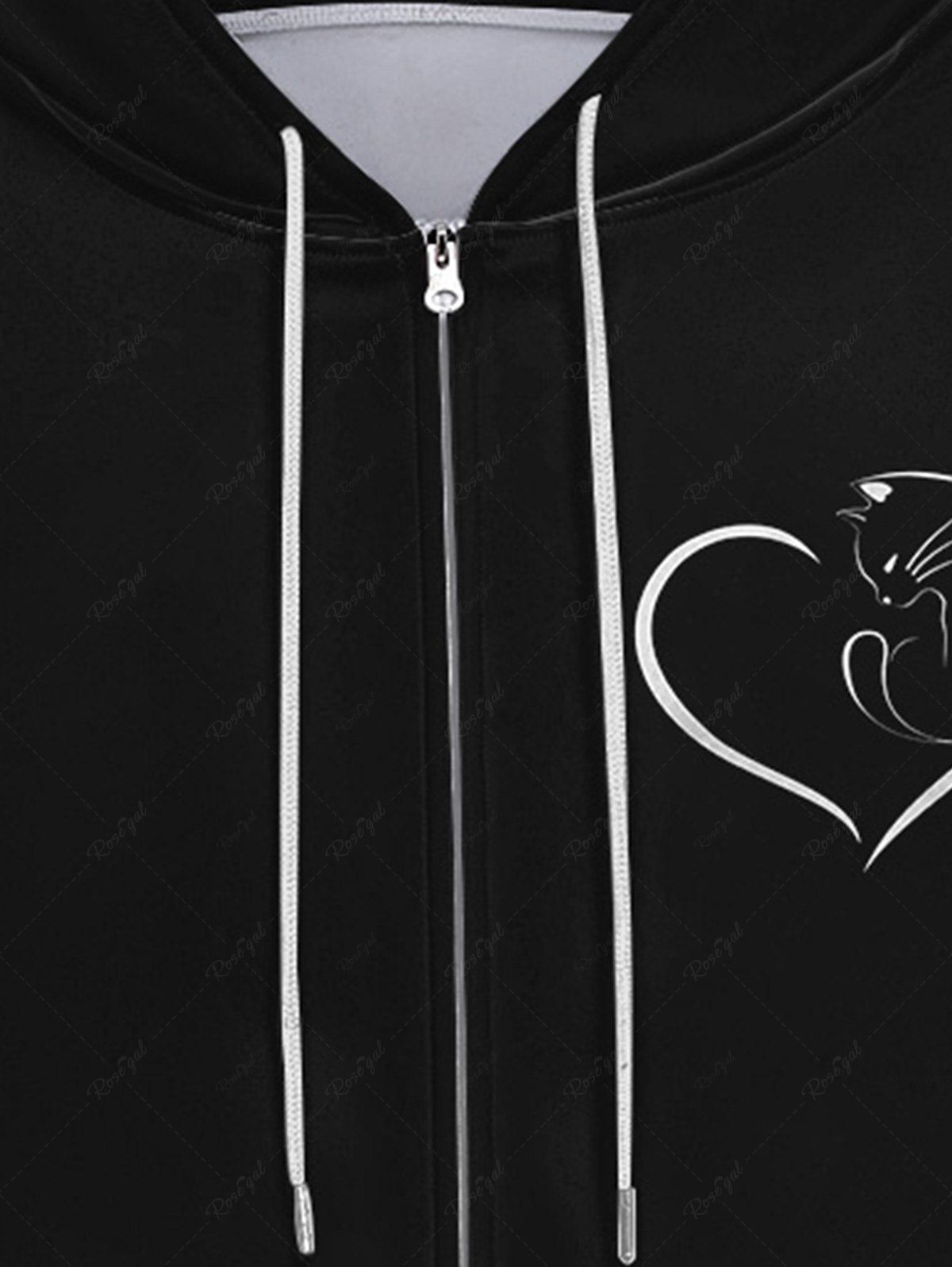 Gothic Cat Heart Print Valentines Pocket Zipper Drawstring Fleece Lining Hoodie For Men