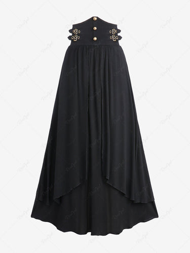 Gothic Plus Size Strap Buckle Grommet Rivet Layered Ruched Solid A Line Skirt