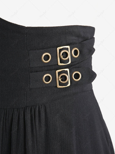 Gothic Plus Size Strap Buckle Grommet Rivet Layered Ruched Solid A Line Skirt
