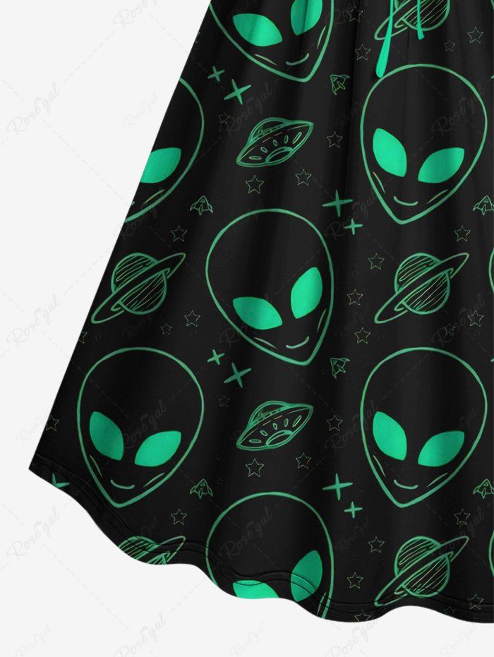 Gothic Alien UFO Planet Print Cinched A Line Short Sleeve Dress