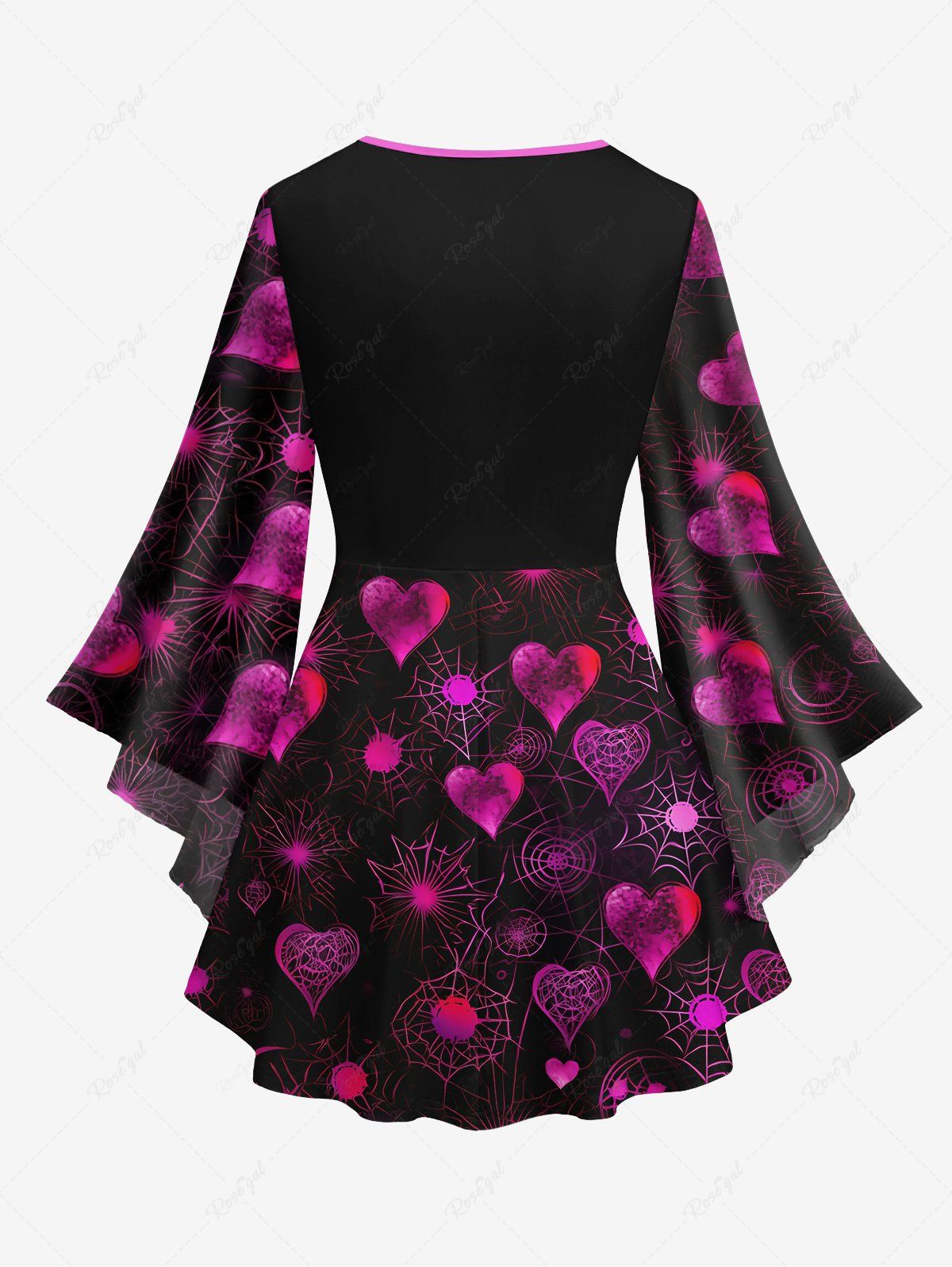 Gothic Flare Sleeves Distressed Heart Spider Web Print Valentines Lattice Patchwork Blouse