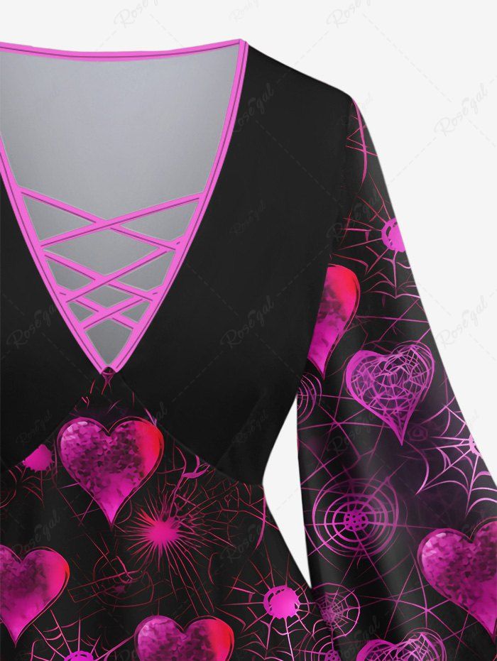 Gothic Flare Sleeves Distressed Heart Spider Web Print Valentines Lattice Patchwork Blouse