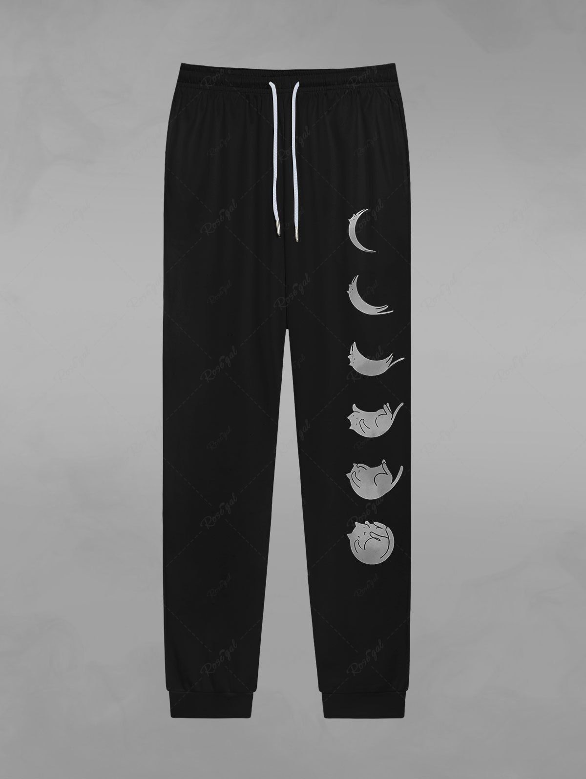 Gothic Cat Moon Print Pockets Drawstring Jogger Pants For Men