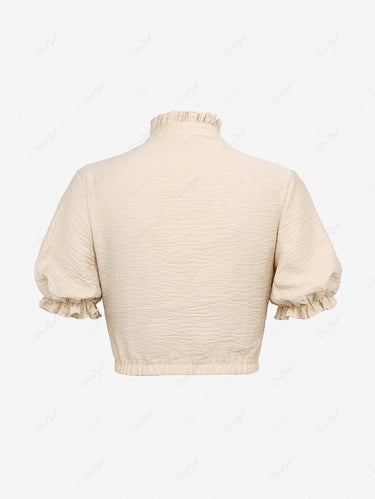 Gothic Plus Size Puff Sleeves Ruffles Neck Full Buttons Solid Textured Cropped Top(3 Days Delivery)