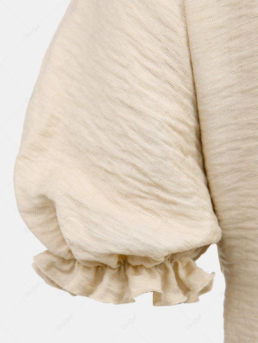 Gothic Plus Size Puff Sleeves Ruffles Neck Full Buttons Solid Textured Cropped Top(3 Days Delivery)