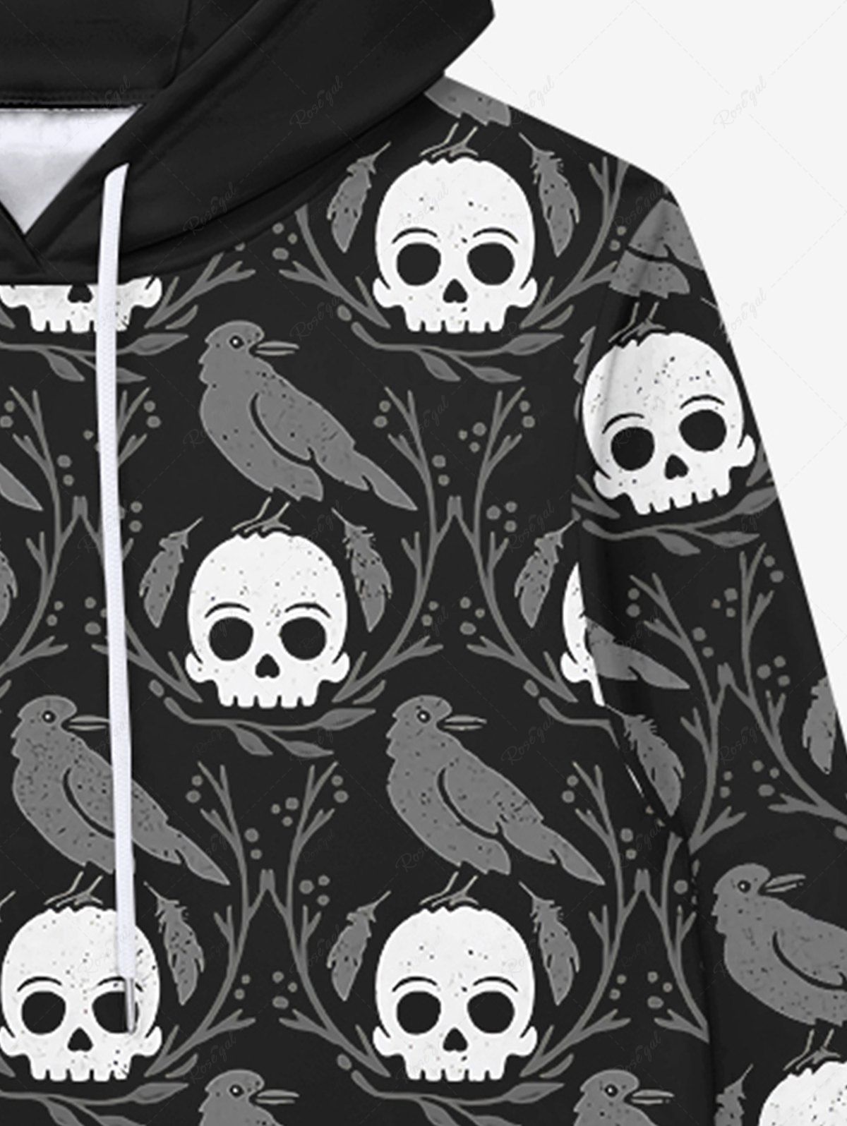 Gothic Skulls Branch Birds Print Pockets Fleece Lining Drawstring Hoodie For Men