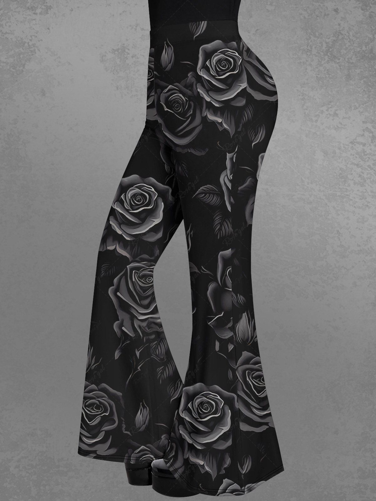 Gothic 3D Rose Flower Print Valentines Pull On Flare Pants