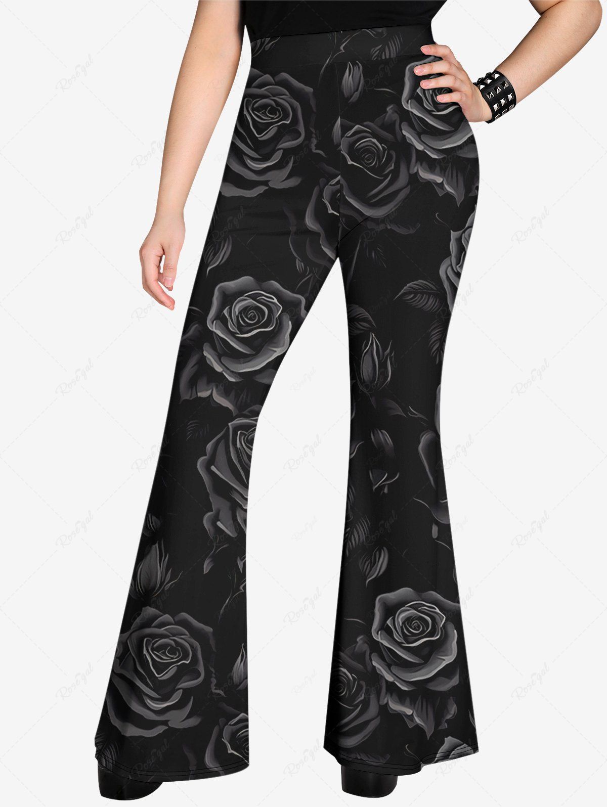 Gothic 3D Rose Flower Print Valentines Pull On Flare Pants