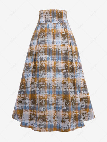 Gothic Plus Size Distressed Plaid Camouflage PU Panel Rivet Lace Up A Line Skirt(3 Days Delivery)