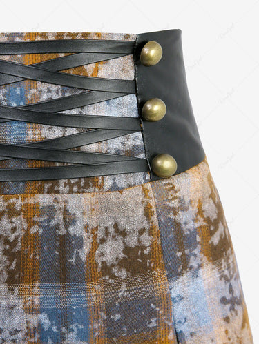 Gothic Plus Size Distressed Plaid Camouflage PU Panel Rivet Lace Up A Line Skirt(3 Days Delivery)