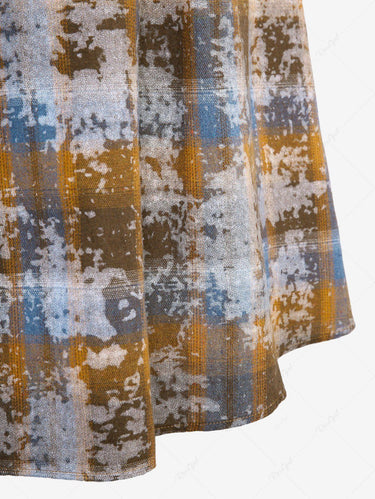 Gothic Plus Size Distressed Plaid Camouflage PU Panel Rivet Lace Up A Line Skirt(3 Days Delivery)