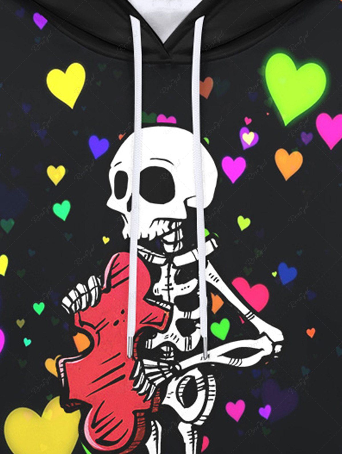 Gothic Valentine's Day Heart Skull Skeleton Print Pockets Drawstring Fleece Lining Hoodie For Men
