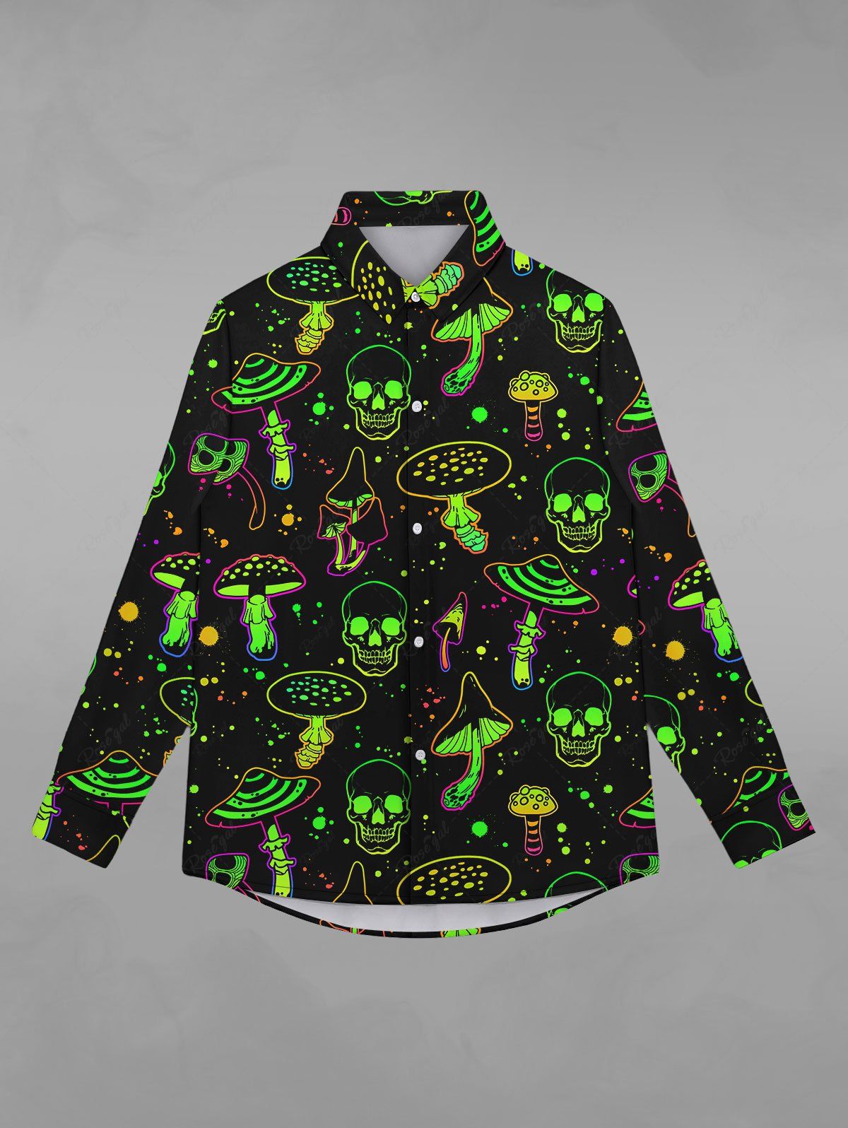 Gothic Turn-down Collar Glitter Skulls Mushrooms Print Buttons Shirt For Men